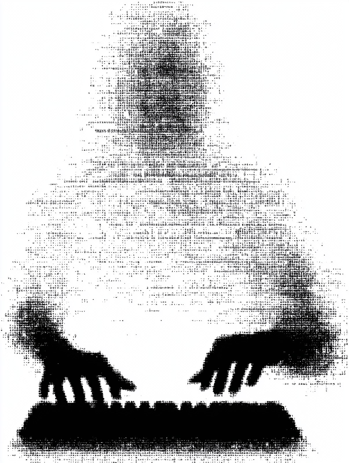pixel illustration of hands typing on keyboard. black over white. --ar …