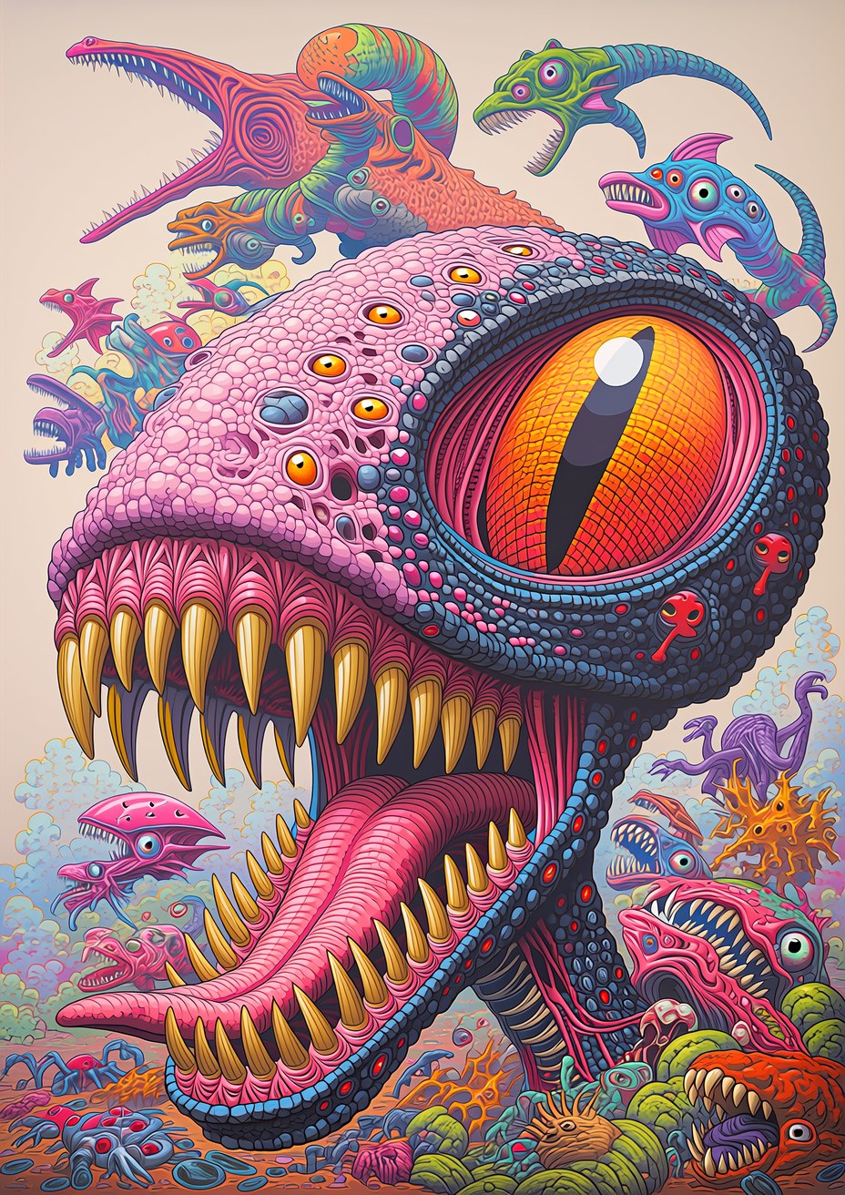 a piece of art is shown with many different xenomorphs, in the style of…