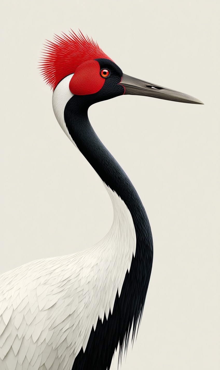 A graceful close-up portrait of a red-crowned crane, upper body, iconic…