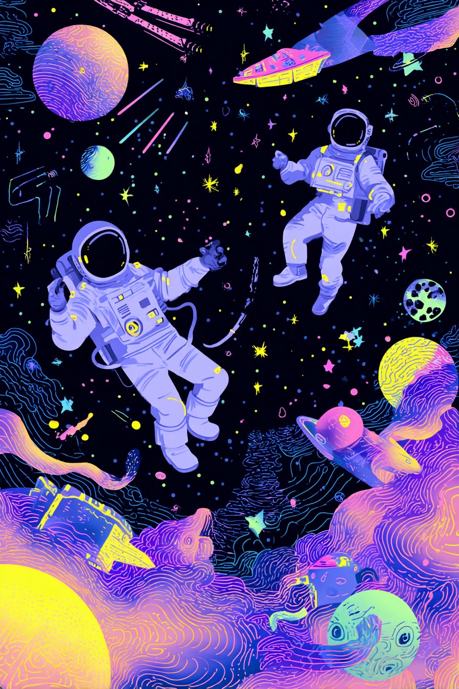 a colorful vector illustration of astronauts floating in space, surroun…
