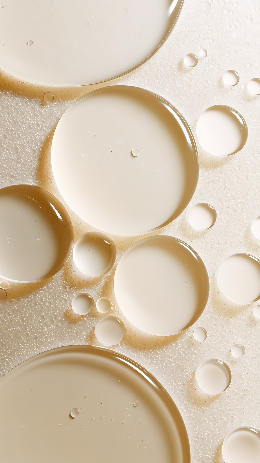 hotograph of translucent oil and water droplets blending on a smooth ma…