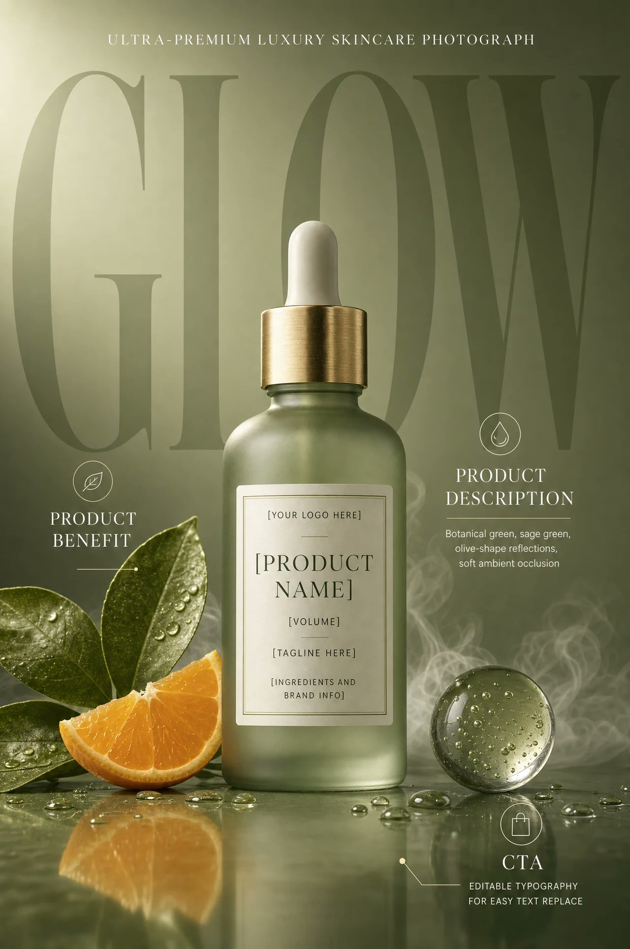 A frosted sage-green glass dropper serum bottle with a brushed-gold met… 1