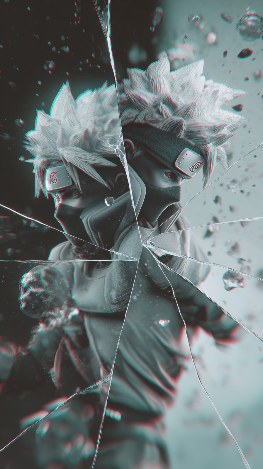 A 3D render of Kakashi and Obito mid-Kamui phase-in, each on opposite s…