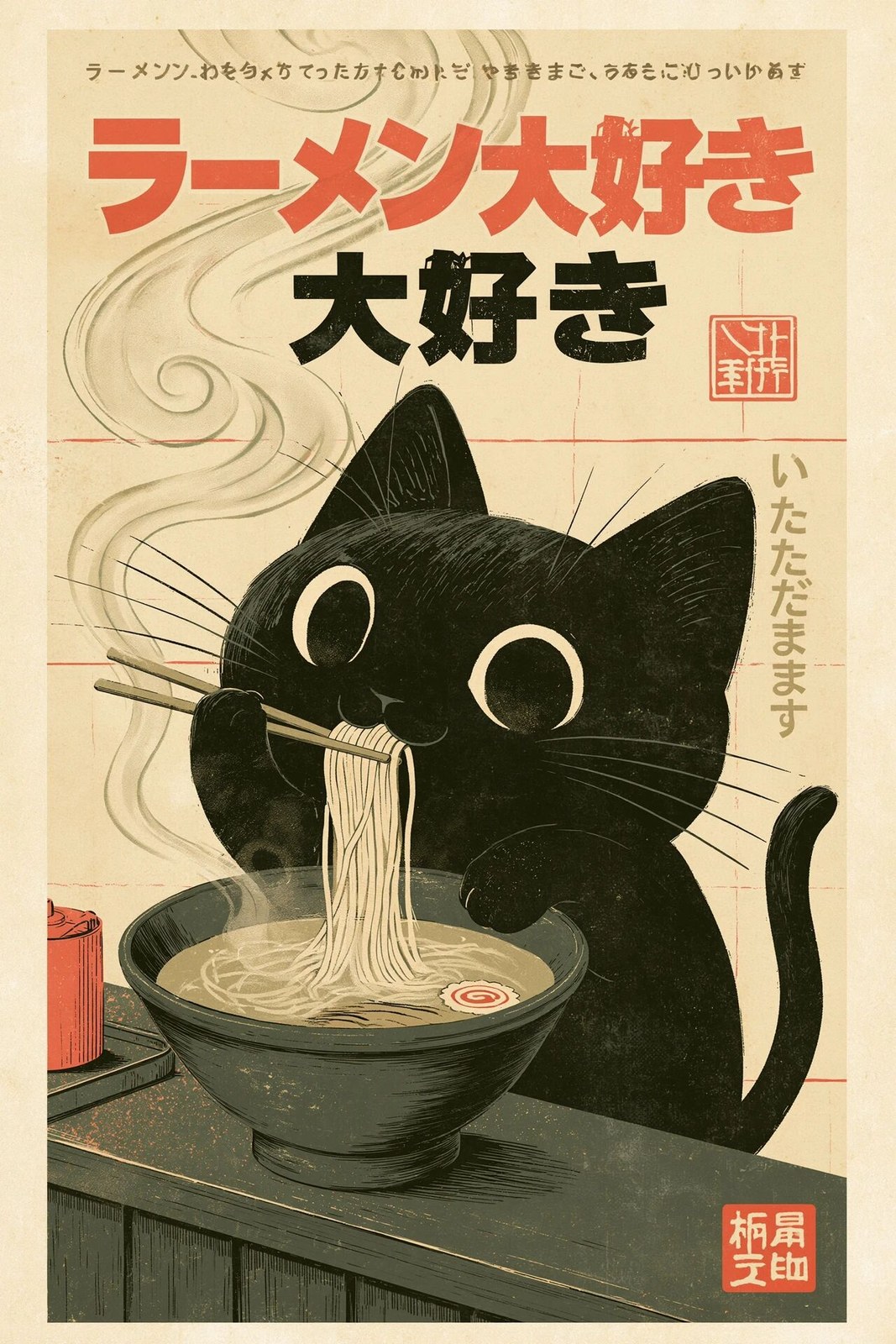 Kawaii black cat happily eating a steaming bowl of ramen with chopstick…