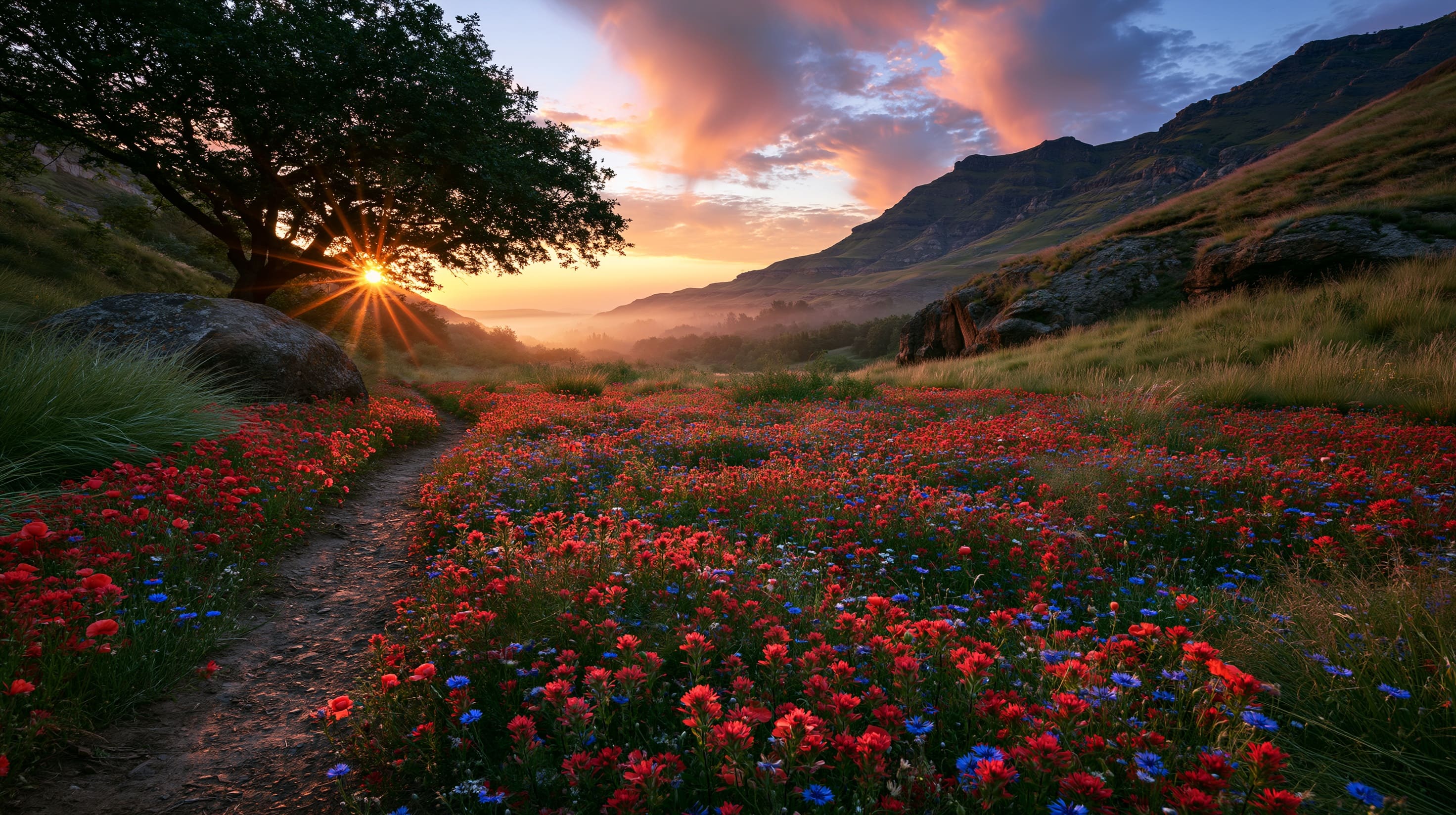 Ultra-detailed landscape photography of a winding dirt path cutting thr…