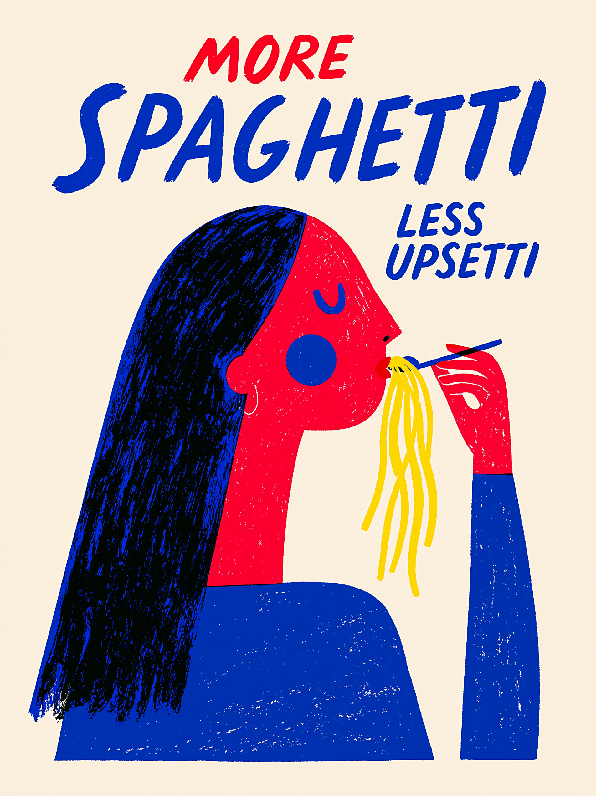woman eating spaghetti, with bold vintage typography reading "MORE SPAG…