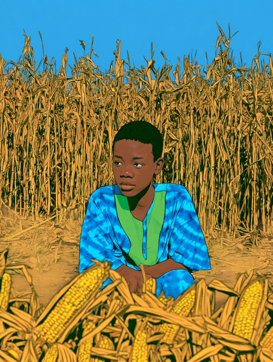 A young African boy wearing a traditional dashiki in handcrafted indigo…