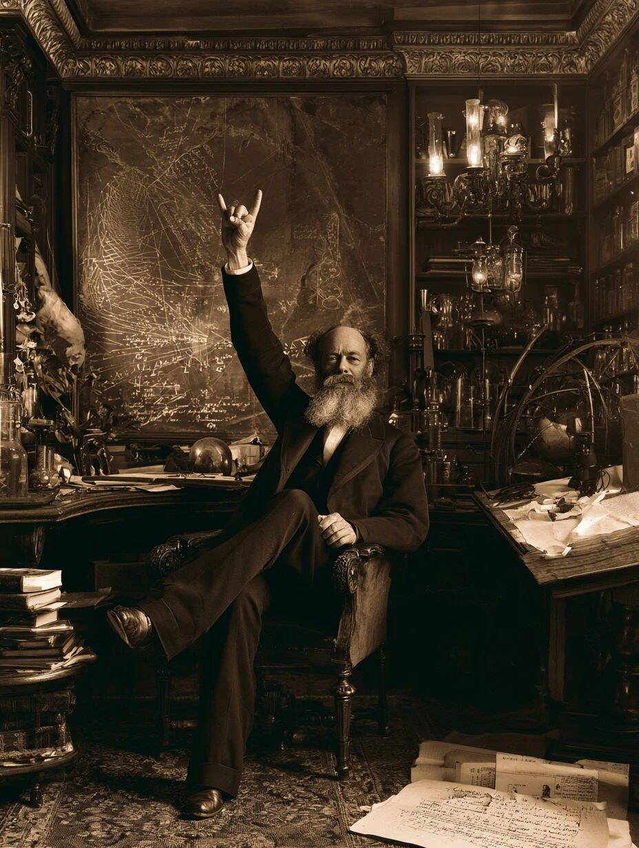 james clerk maxwell sitting in a chair in his laboratory legs crossed o…