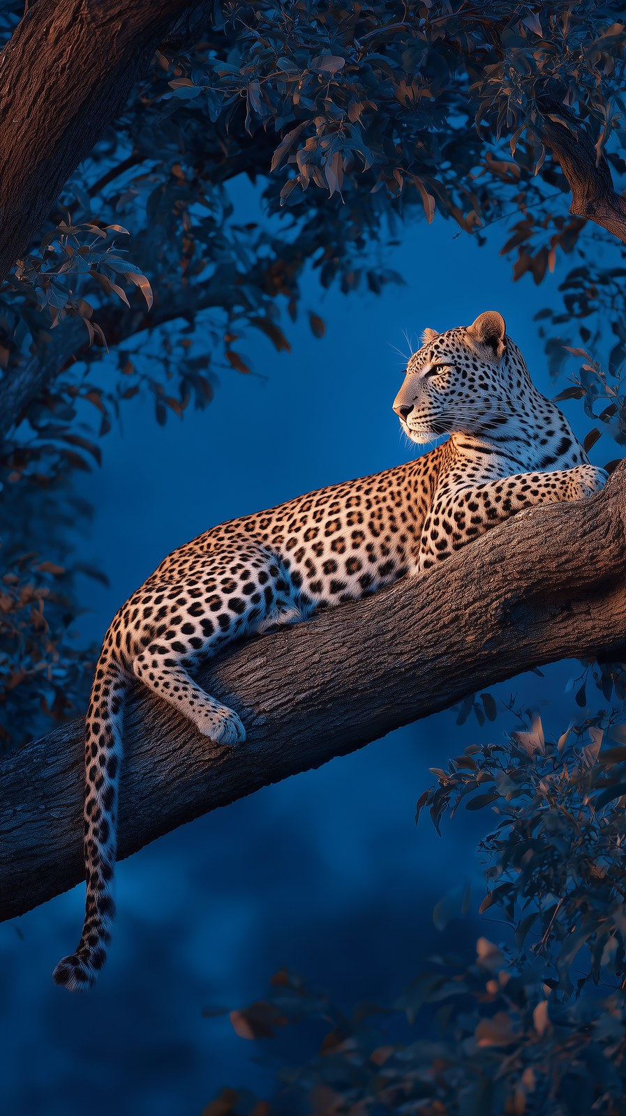 A majestic leopard resting on a thick horizontal tree branch at twiligh…