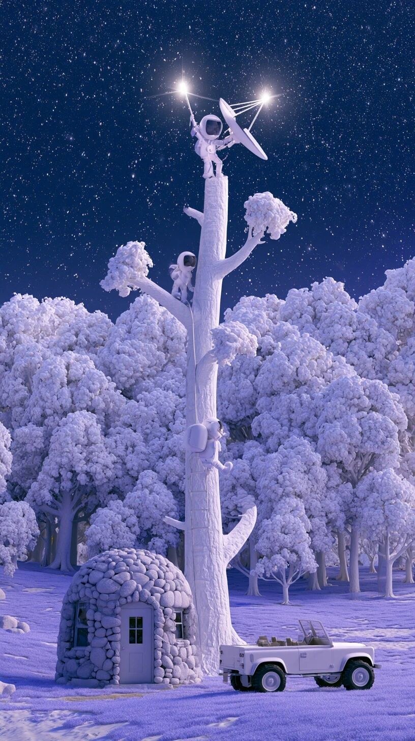 奇幻3D动画电影画面:明亮的夜色，紫色草原中央矗立着一棵白色大树，周围是茂密的白色大树林，2名可爱的2头身比例宇航员身穿白色宇航服，其中一名宇…