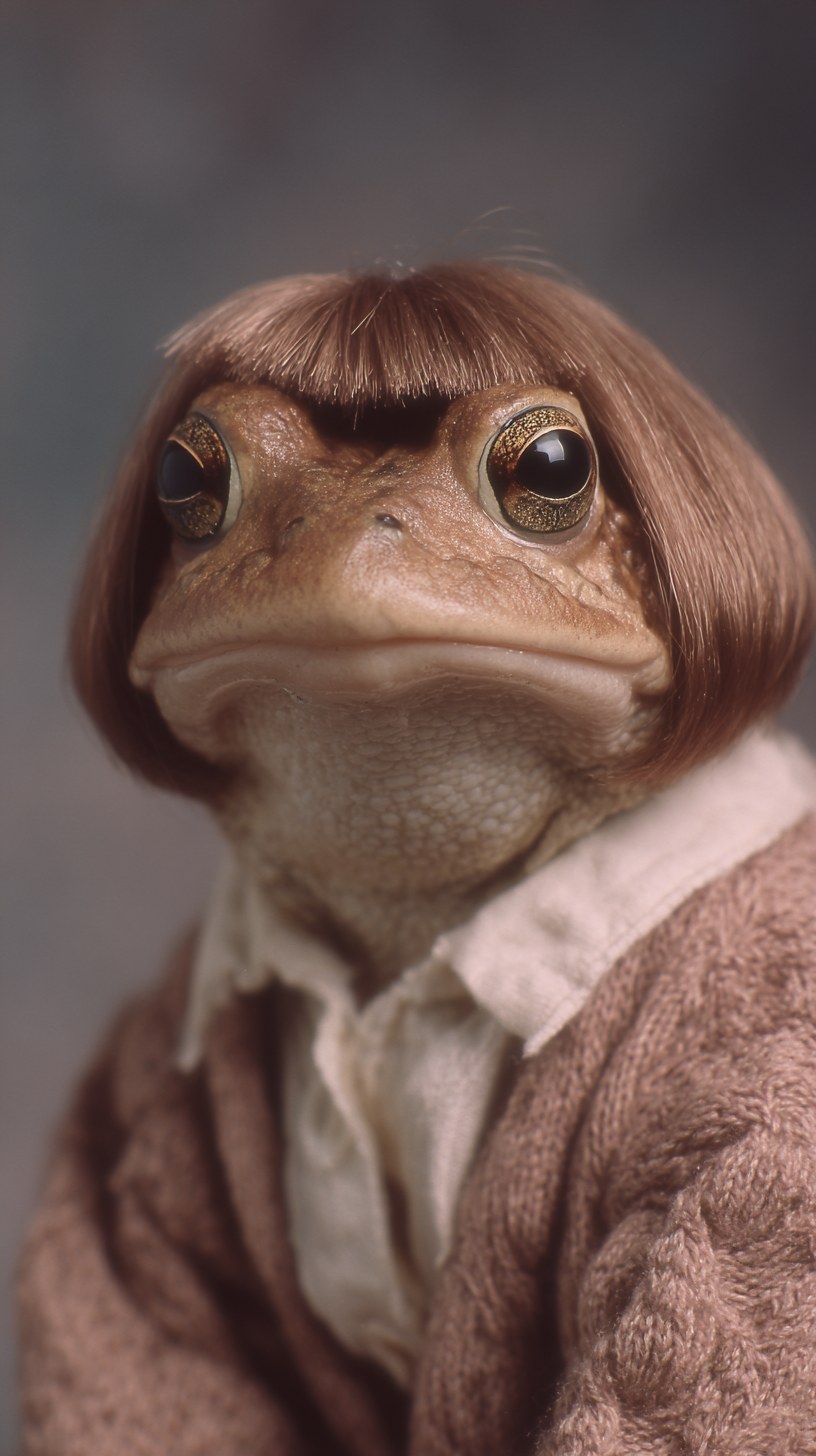 frog wearing a bob hair wig. In the style of a photo studio photograph …