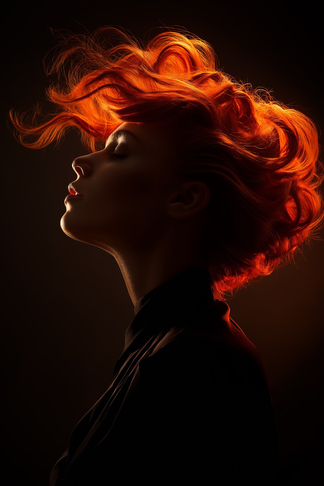we see a models hair swirling around her head, her her is fire red and …