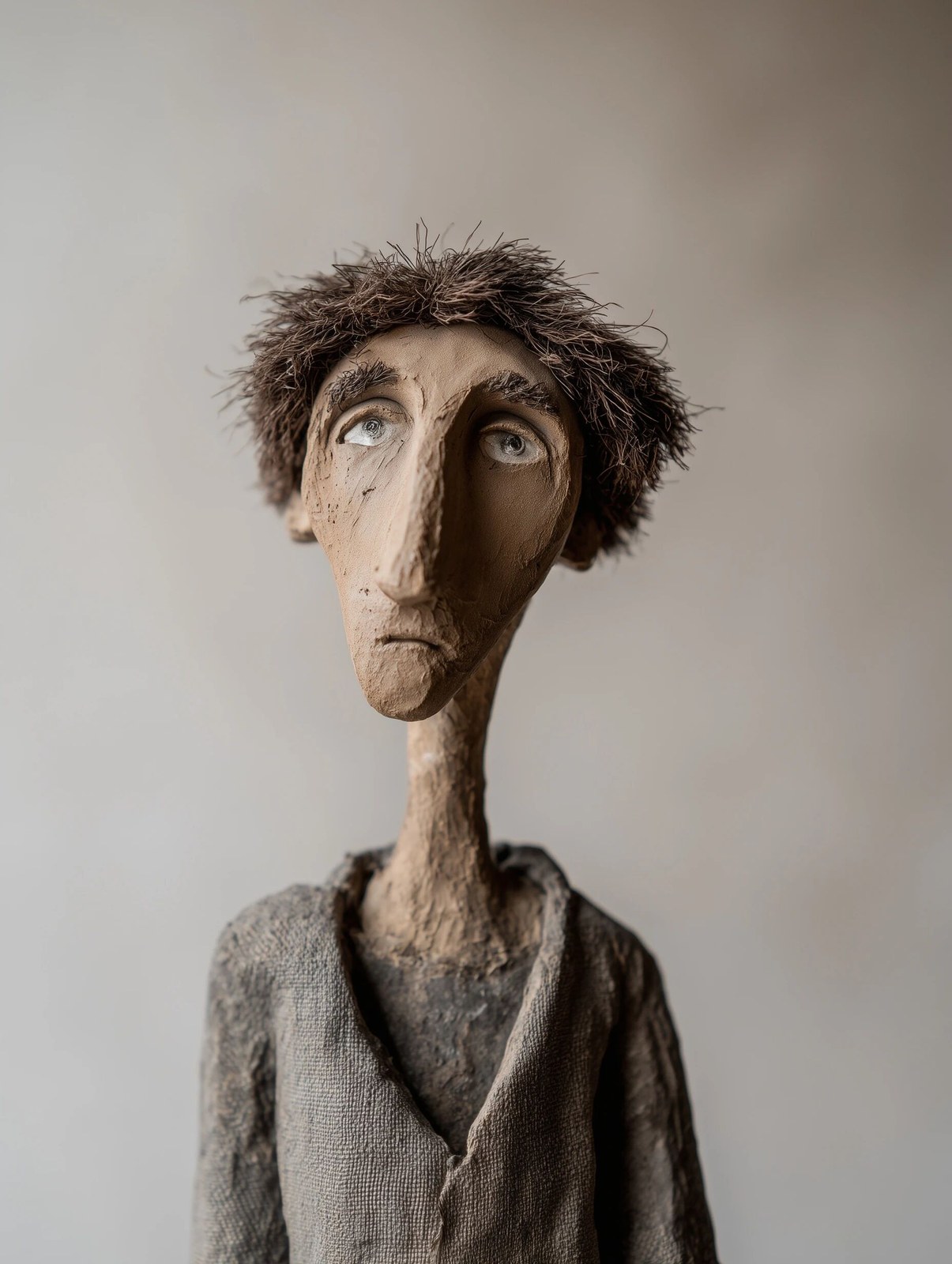 handmade clay figure of a slender introverted man, unpolished rough sto…