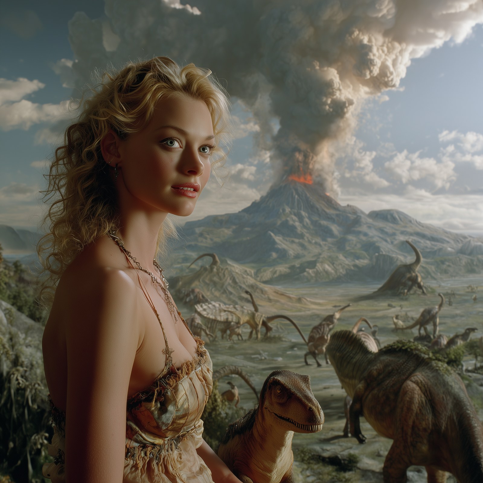 Actress Heather Graham as a cave-girl. Dinosaurs are in the background.…
