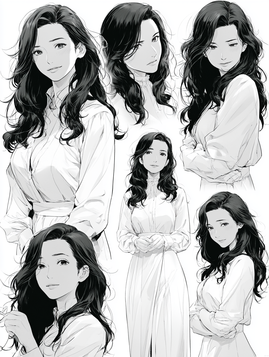 Ultra detailed manga character sheet, elegant Japanese mother, age earl…