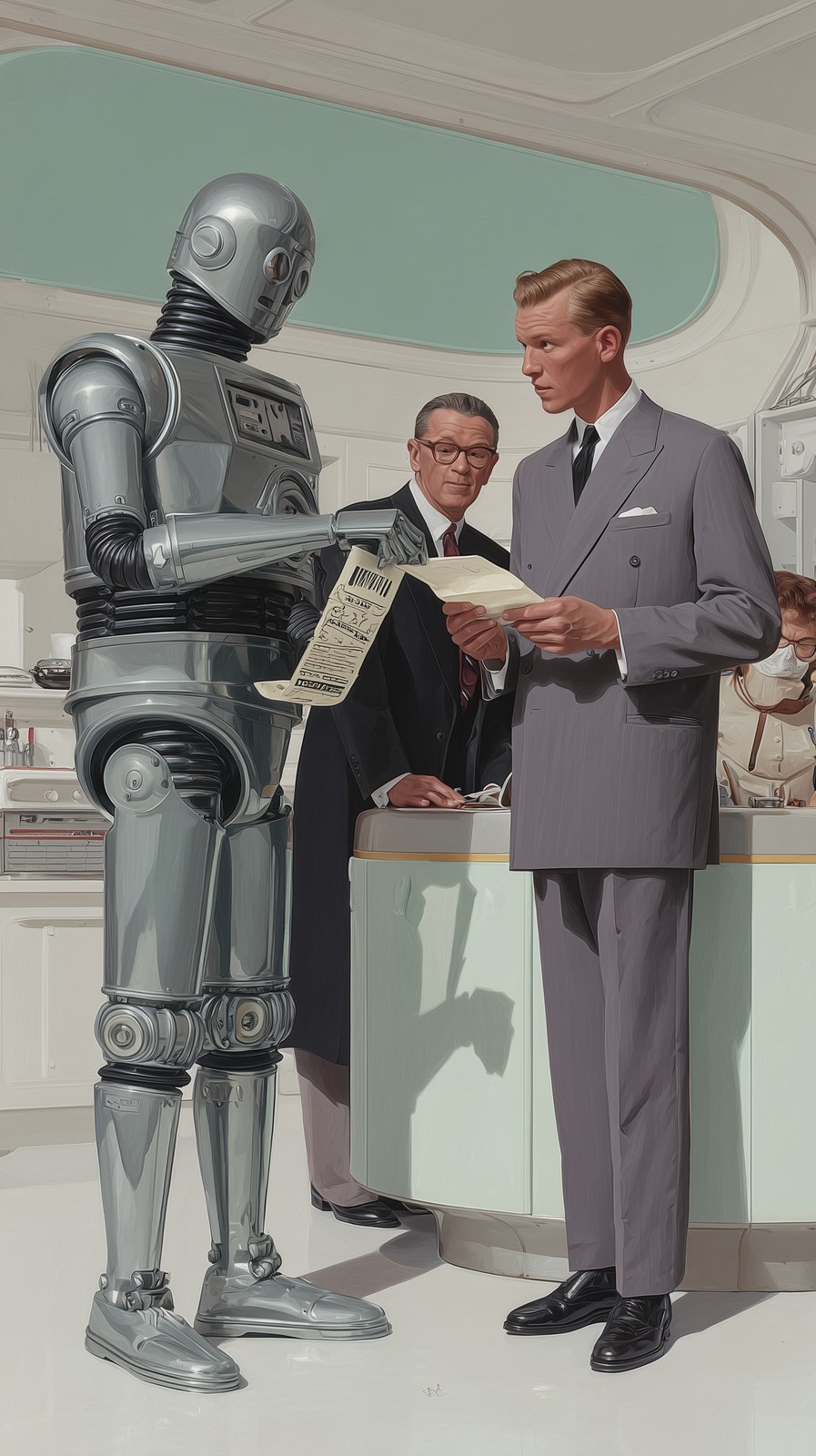 Photorealistic 1960s retro-futuristic finance lab scene a humanoid robo…