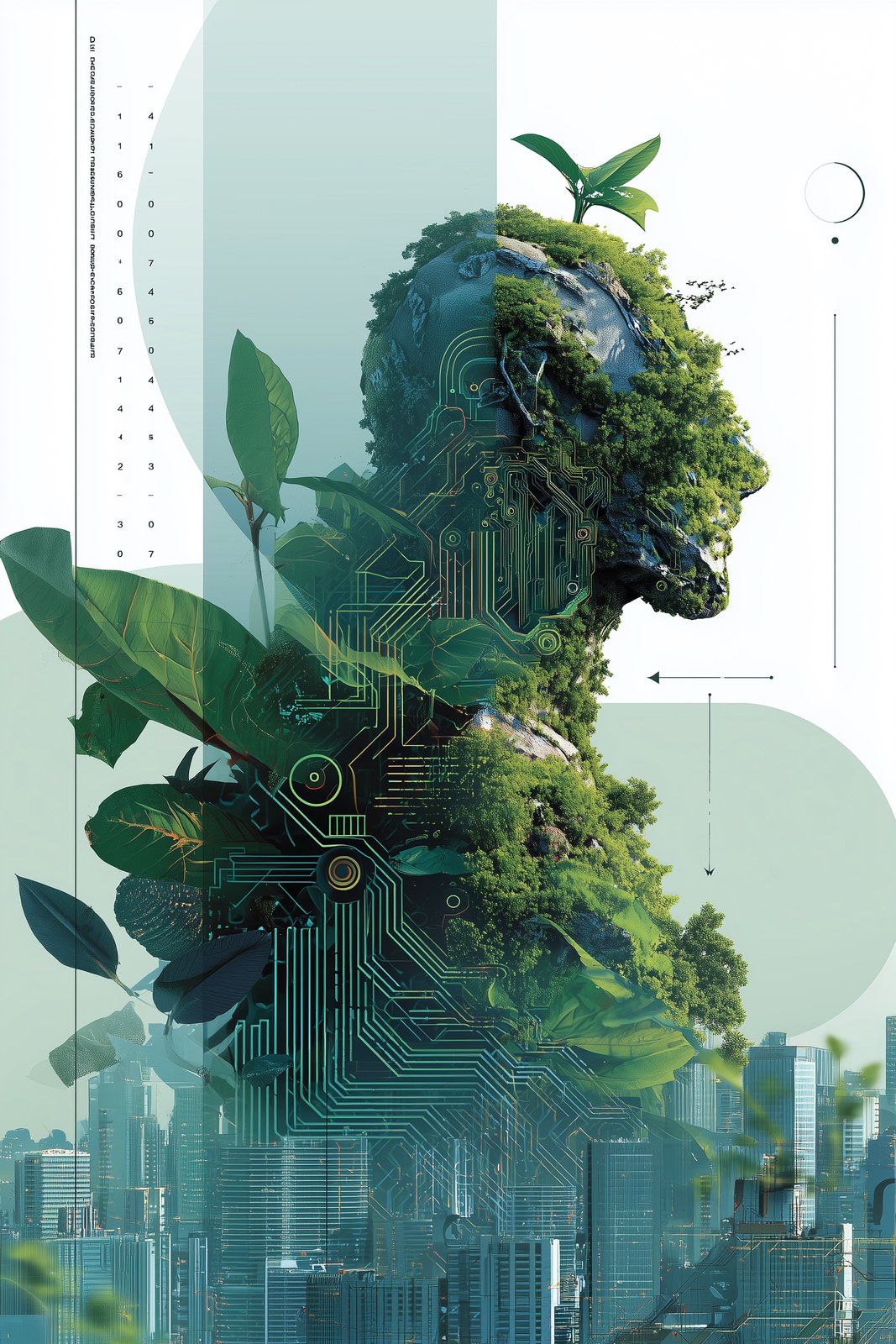 a futuristic poster showing harmony between technology and nature, AI c…
