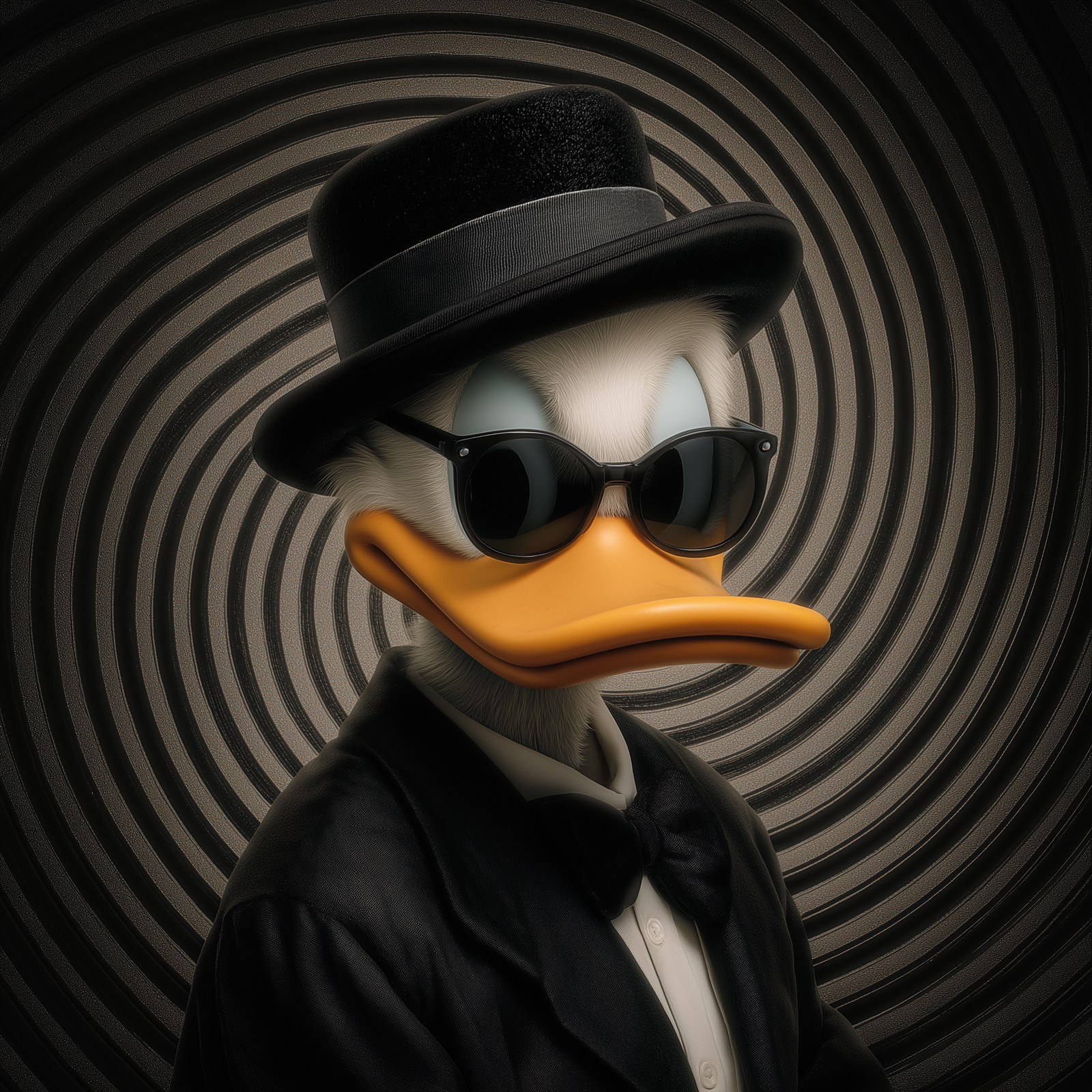 Donald Duck, wearing a black suit, hat, and sunglasses Black, black spi…