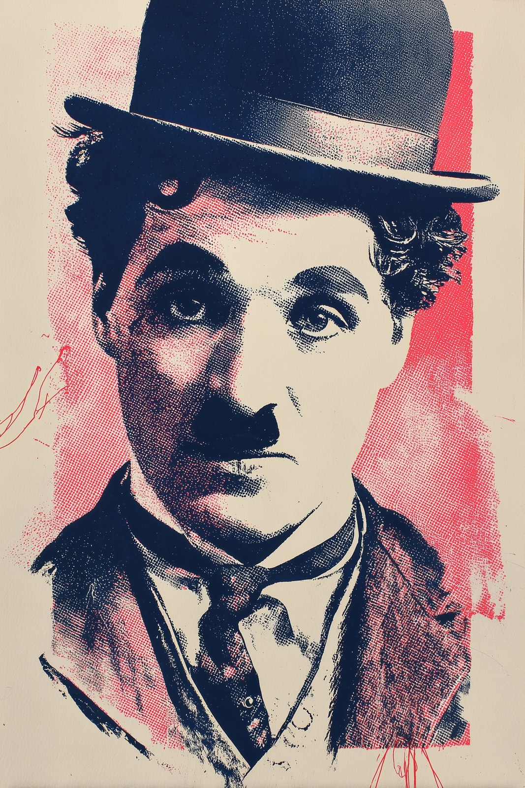 Charlie Chaplin respectful PG-13 pop art portrait, bold screenprint col…