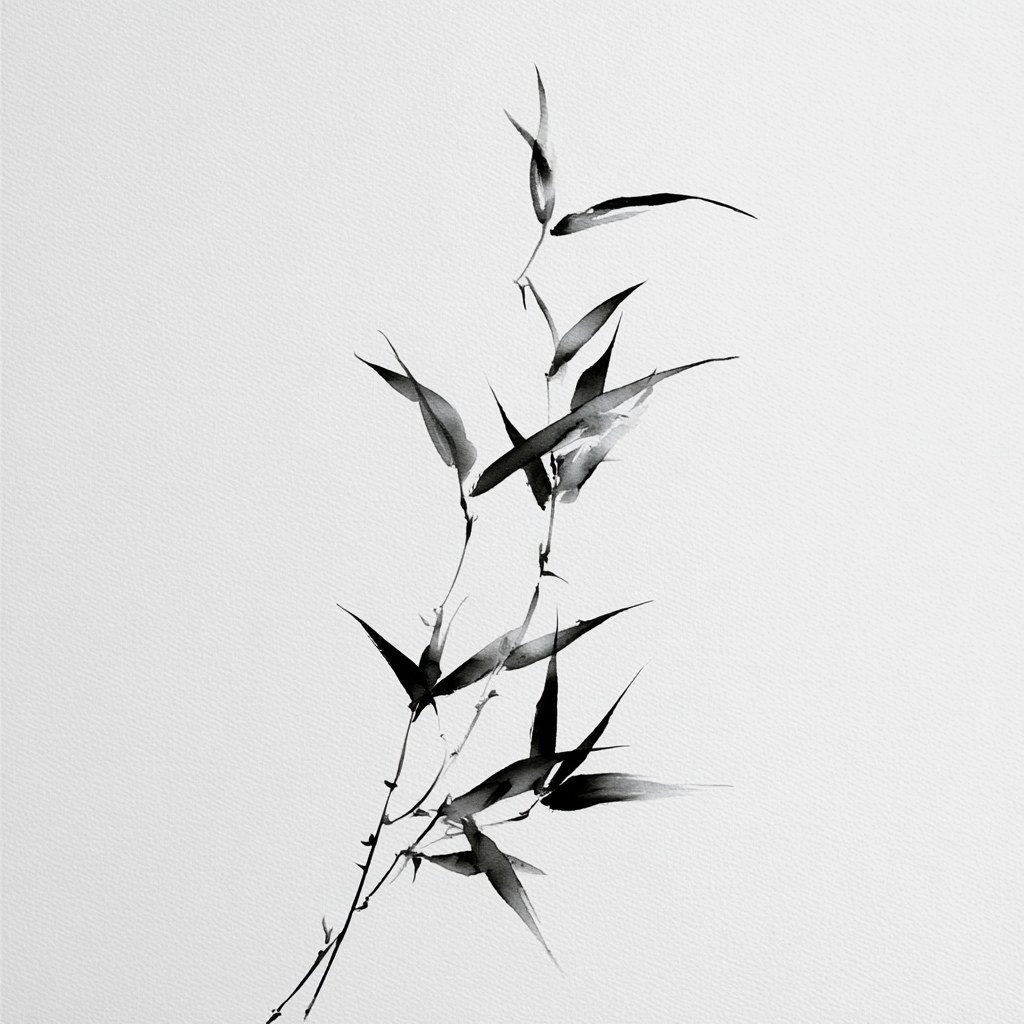 a few thin bamboo leaves in a slender shape, in traditional Chinese ink…
