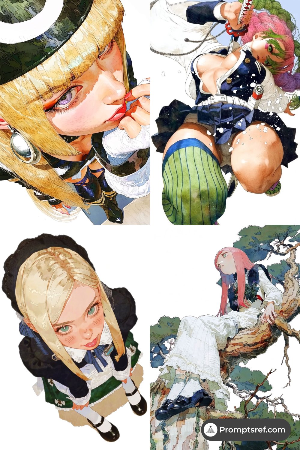 ** > *An anime girl looking down at the camera, fisheye lens effect, ex…