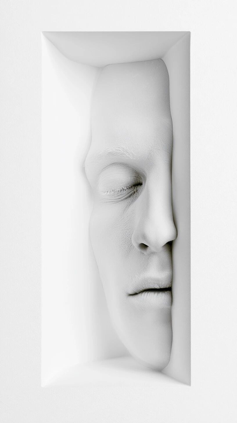 close up photo face deep inside a rectangle over white background, all …