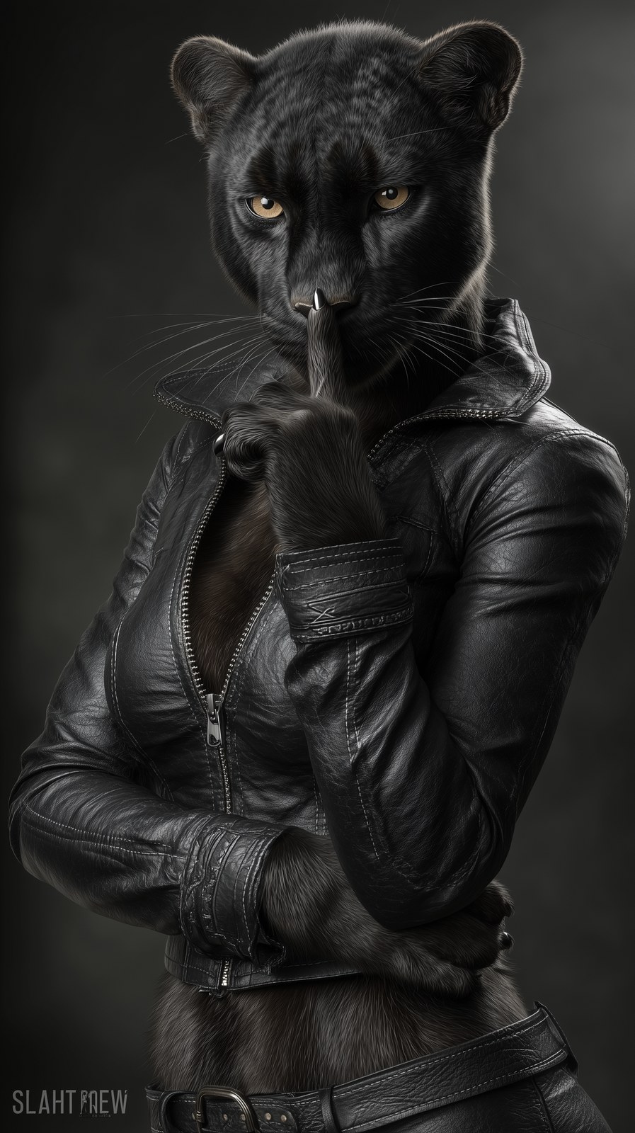 a hyper-realistic anthropomorphic black panther woman from waist to hea…