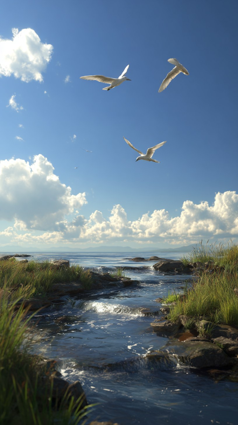 3D animation, realistic, blue sky, three birds flying freely, stream fl…