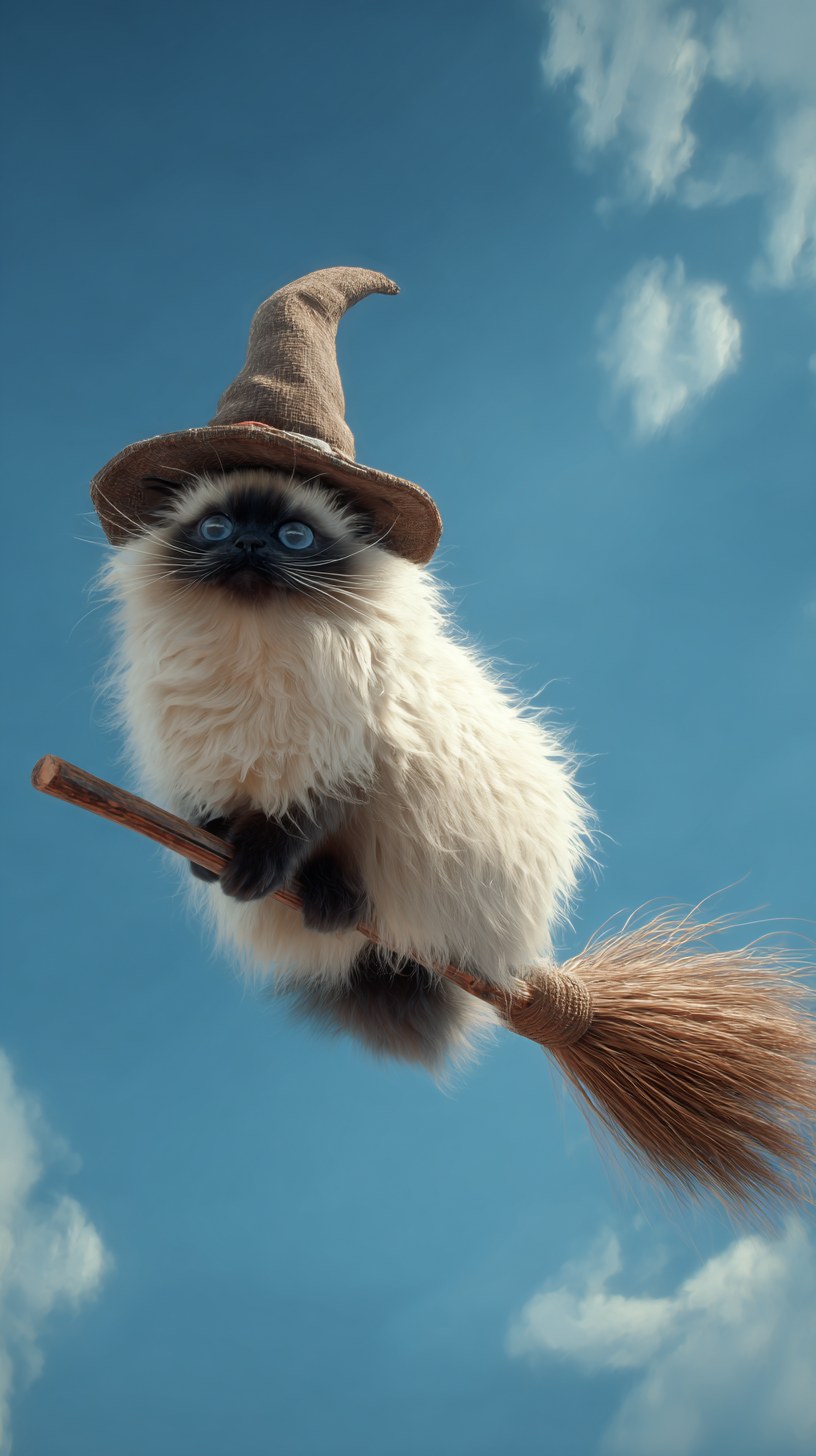a himalayan cat with white fur and a black face, wearing a witch hat an…