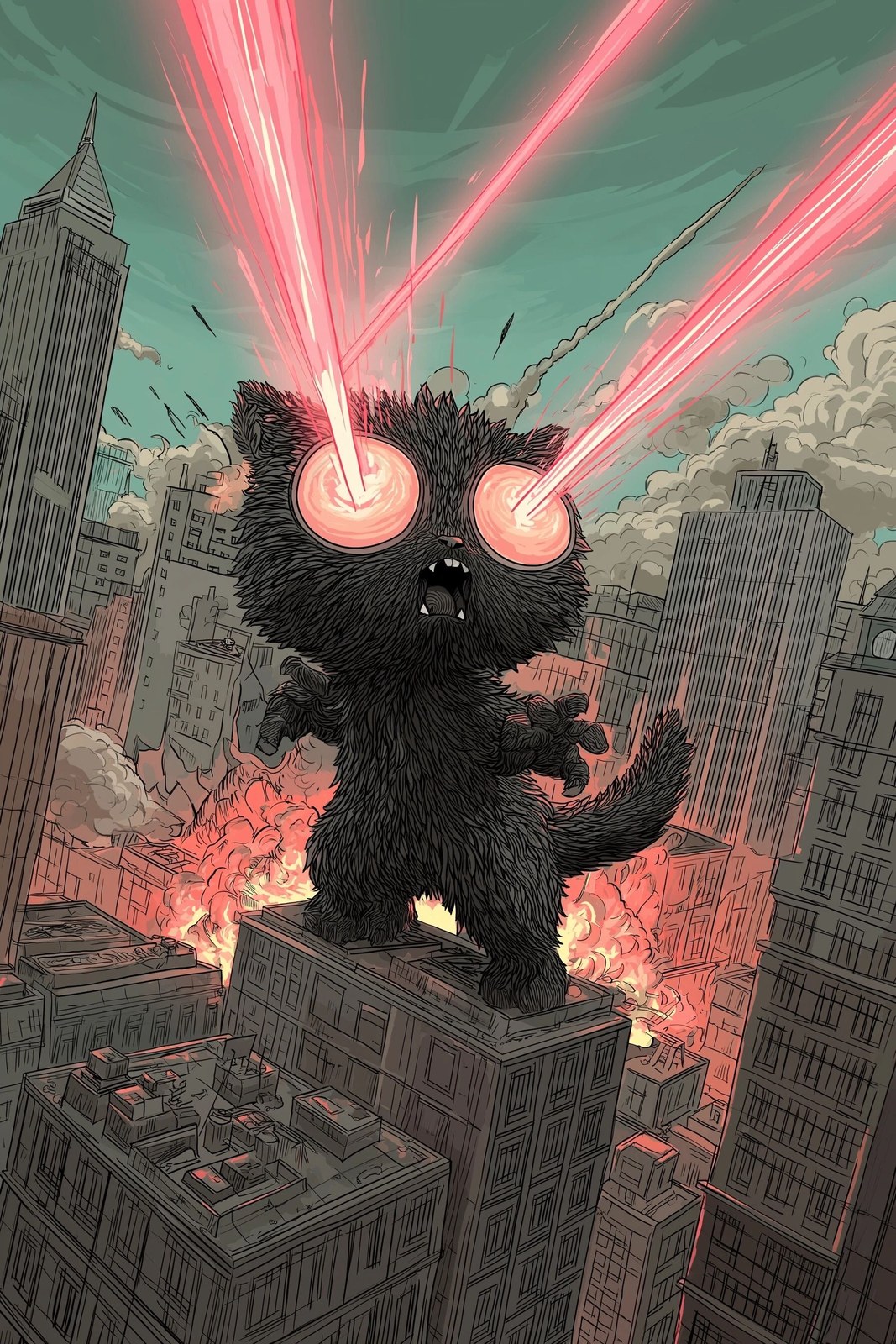 Cartoon Kitty Godzilla shooting lasers down from eyes crushing city --a…