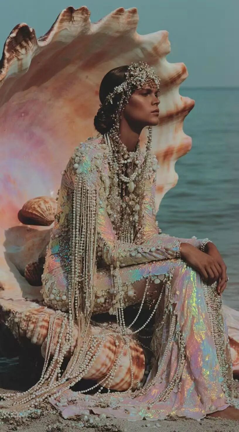 photograph, full-body shot of a model wearing an iridescent mermaid gow…