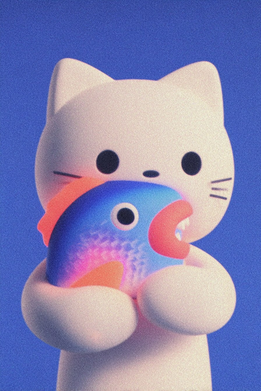 A white cat holds a glowing blue fish in its mouth. Animal head design,…