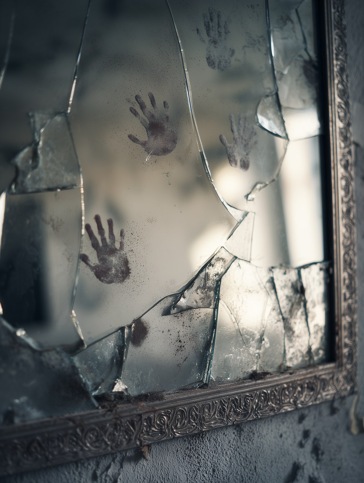 Broken wall mirror with fragmented reflections of empty room, faint tra…