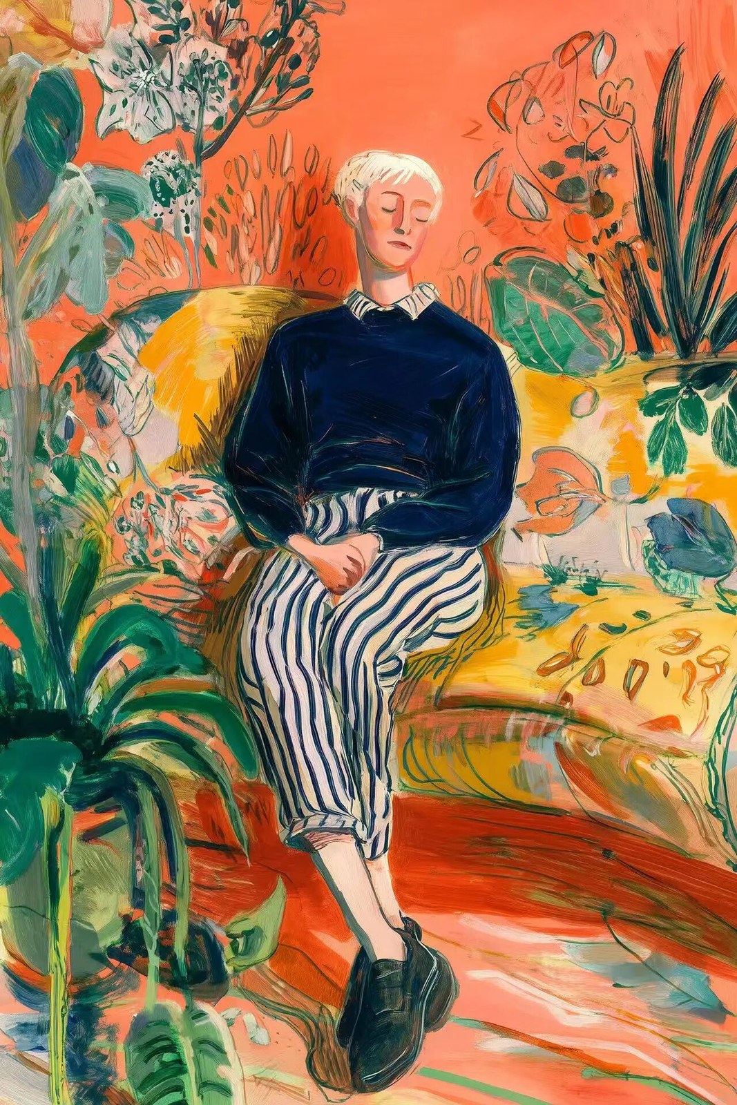 an oil painting of an androgynous person with short white hair, wearing…