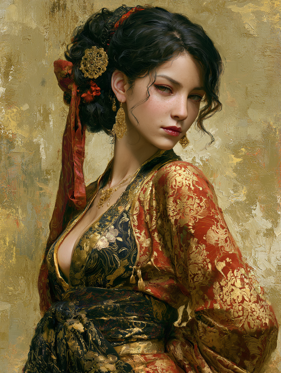 portrait half body female French concubine with slim curvy body paintin…