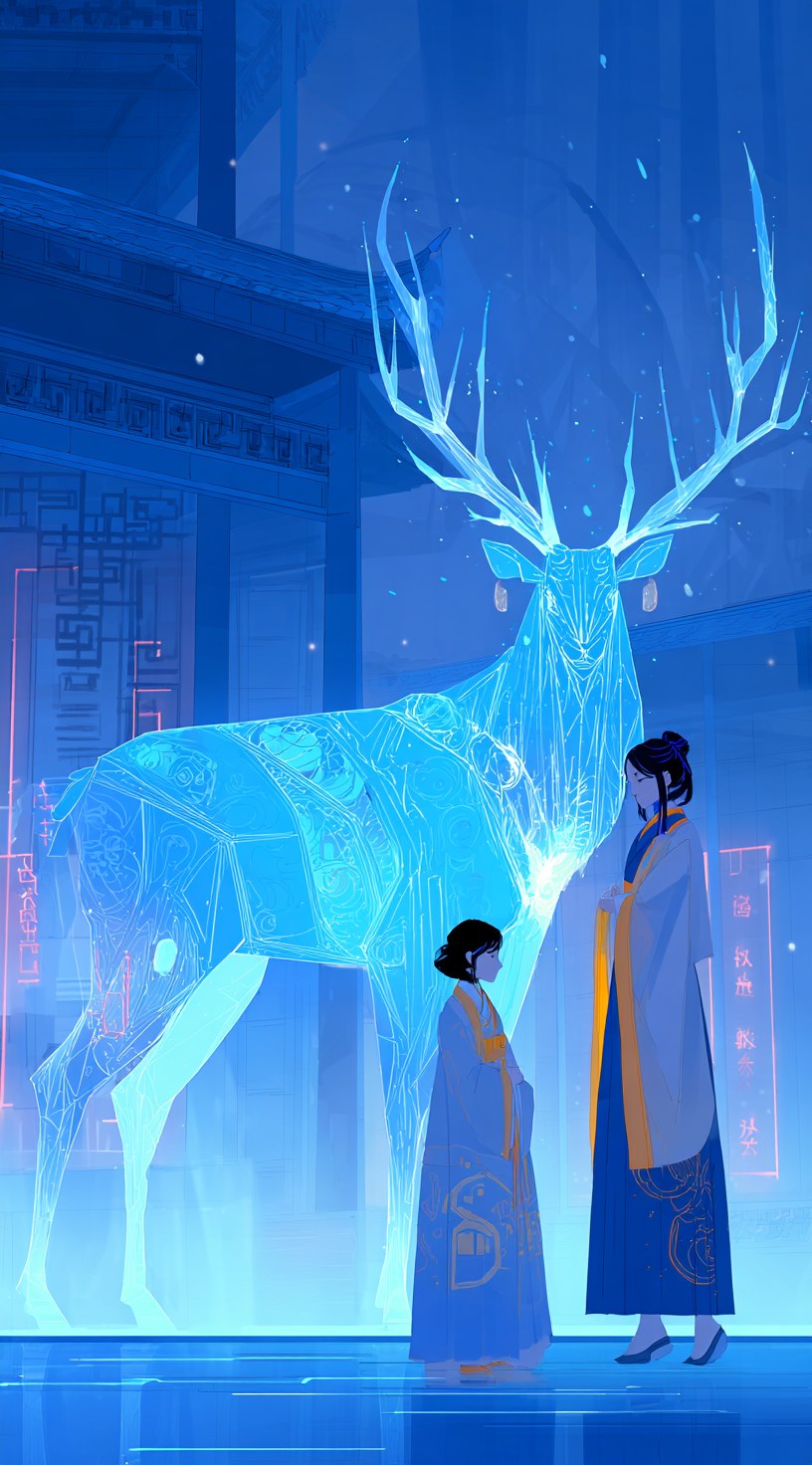 blue and orange deer with glowing antlers stands next to an asian woman…