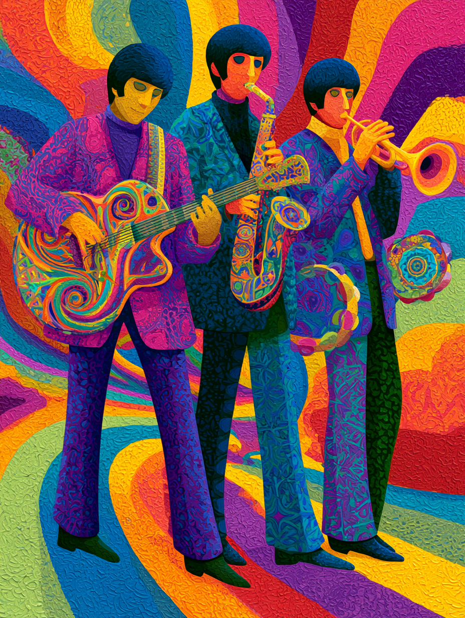 A trio of free-spirited friends, clad in bold mod attire, jam on a vibr…