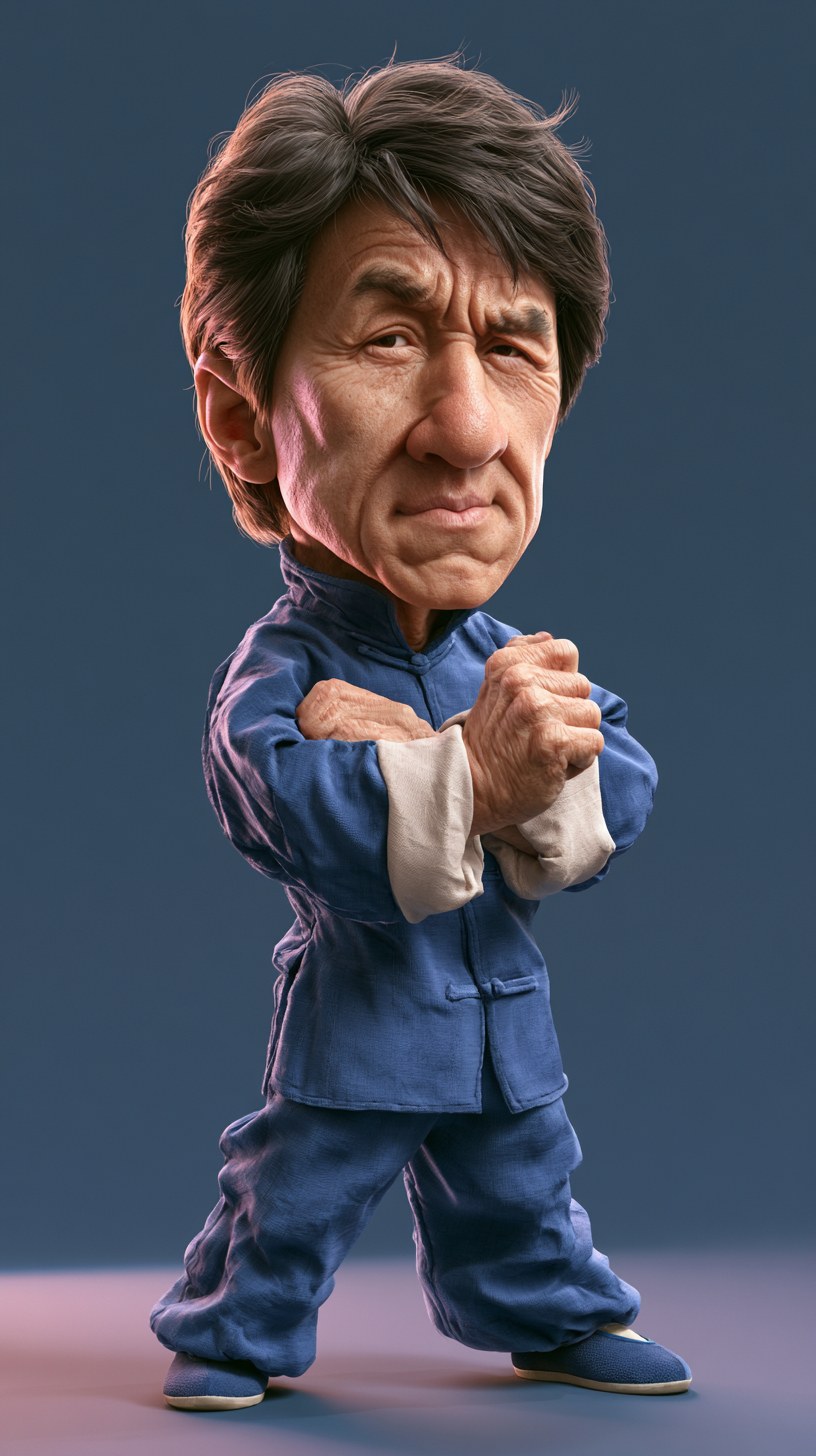 a full body shot of Hyperrealistic jackie chan in a caricature style we…
