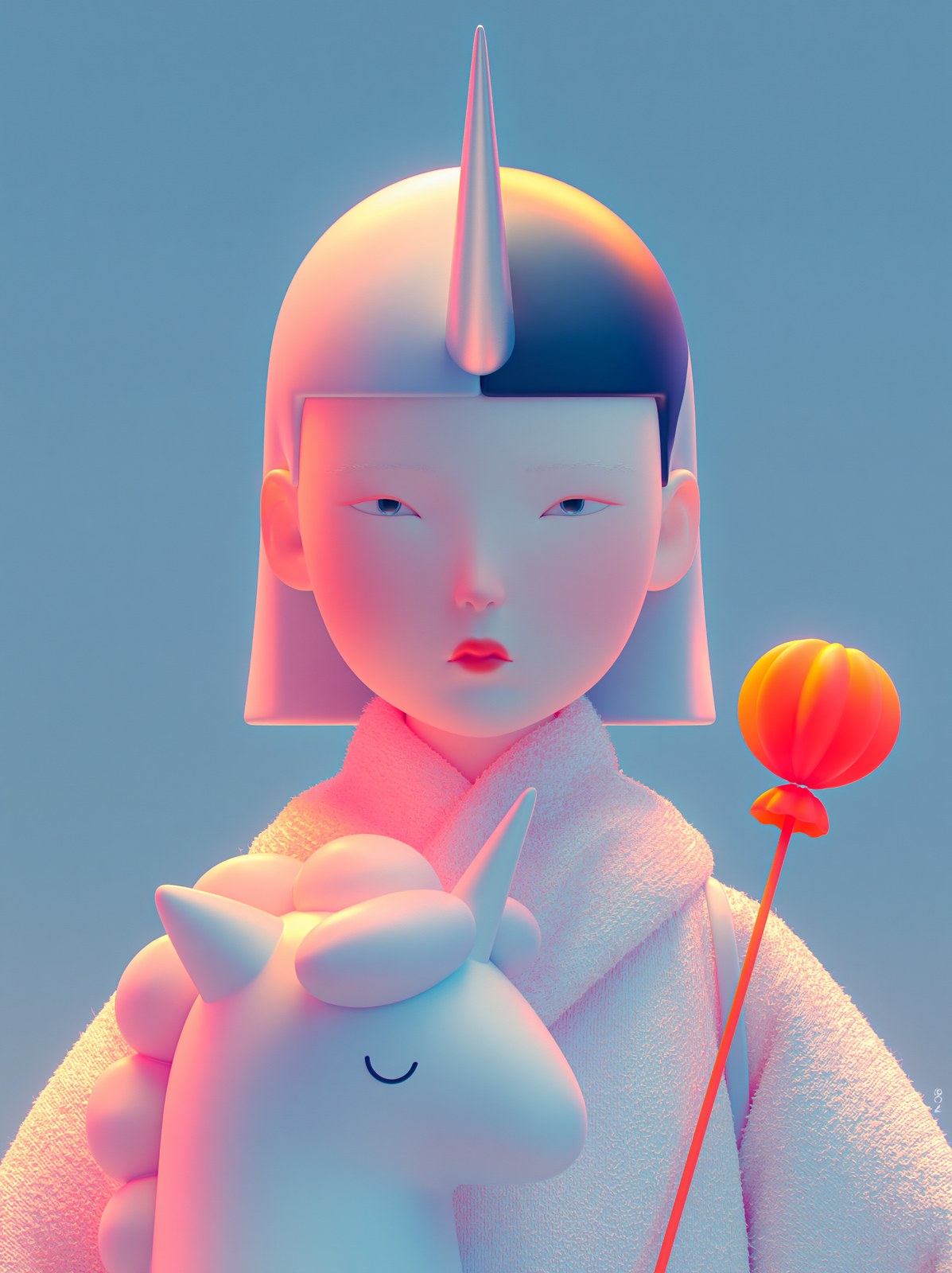 A cute chinese fashion girl with a silver unicorn horn growing from his…