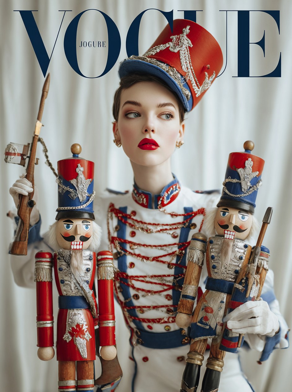 vogue photoshoot of a fashionable model posing with wooden soldiers in …
