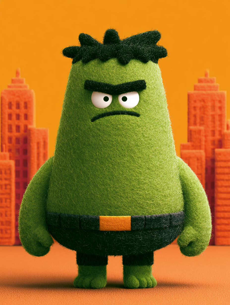 A stylized, rounded caricature of hulk stands centered against a vibran…
