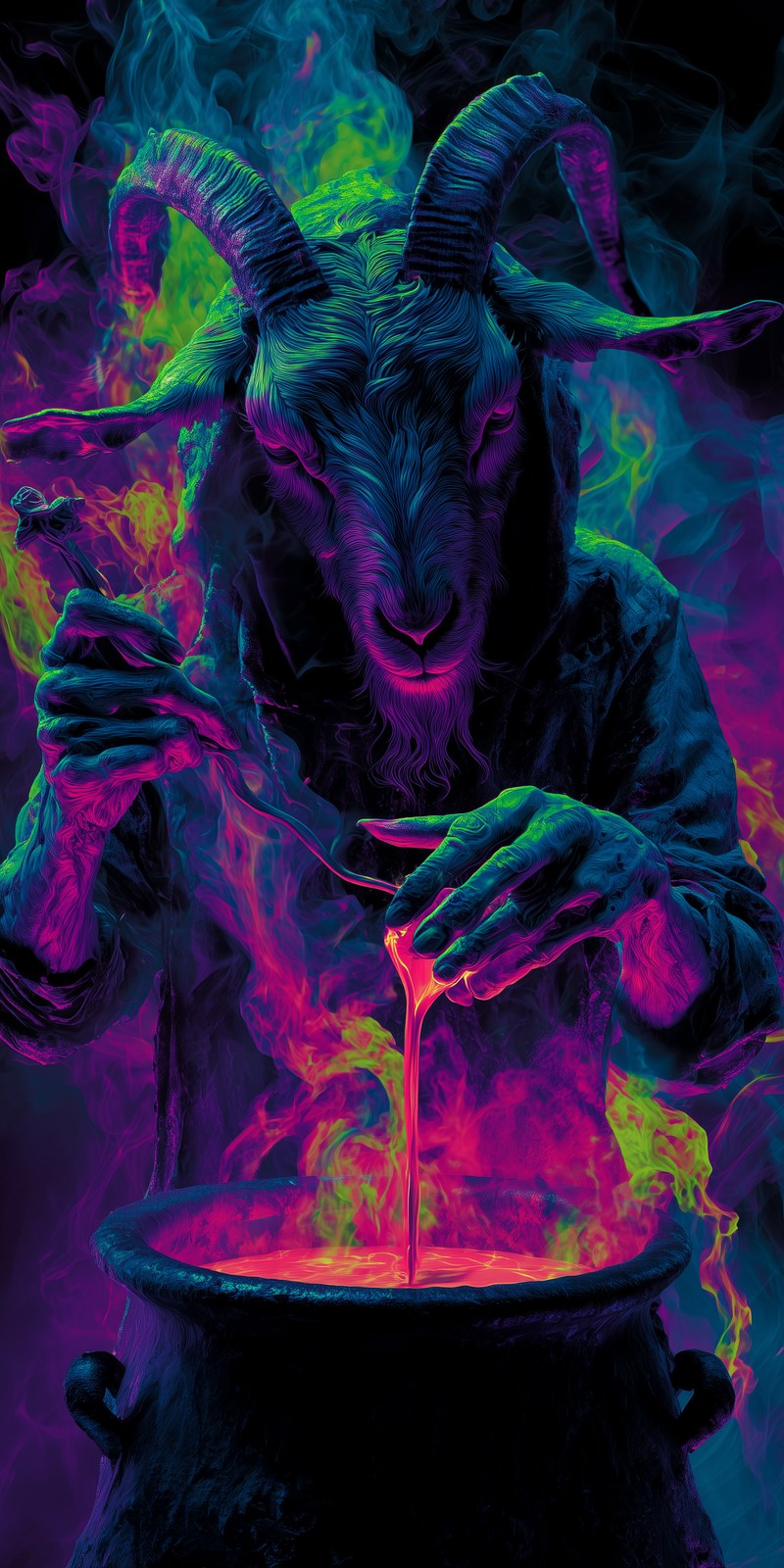 Evil Anthropomorphic goat conjuring over a boiling cauldron, bright neo…