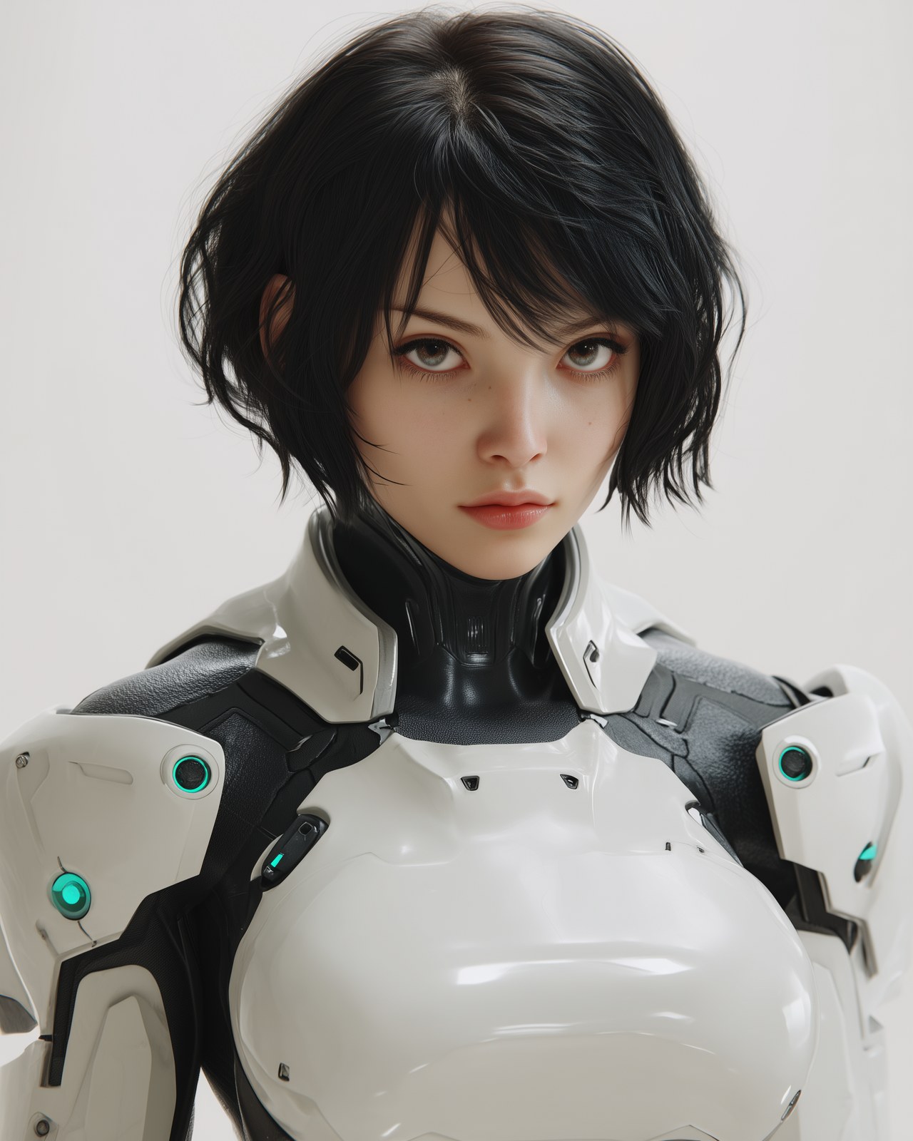 young female sci-fi cyberpunk operative, short messy black bob haircut,…