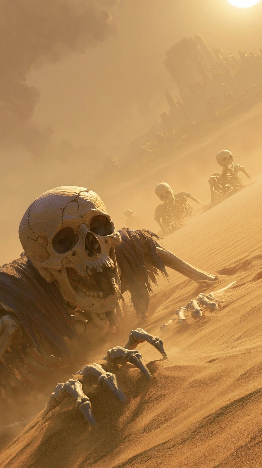pale skeletons emerging from yellow-gold desert sand, dramatic close fo…