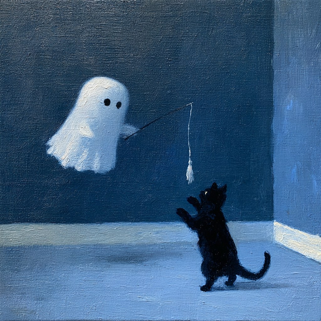 this oil painting features a simple white ghost with black eyes, appear…