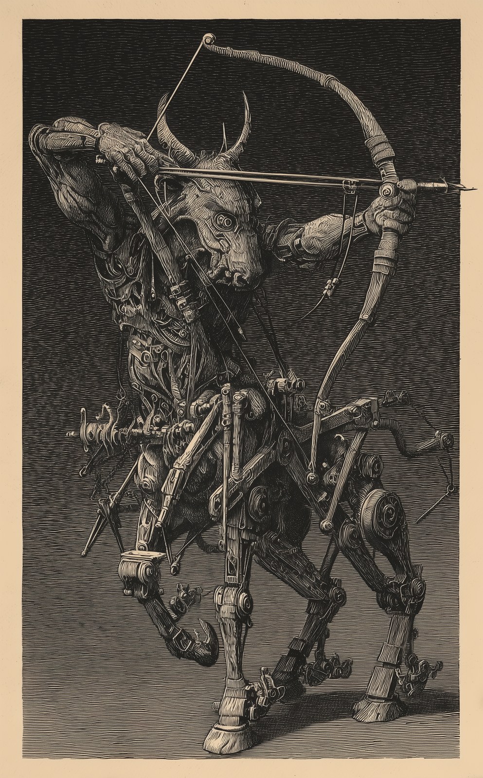 Ssarssaiel, a centaur, holding a bow in its hand, holding the giant bow…