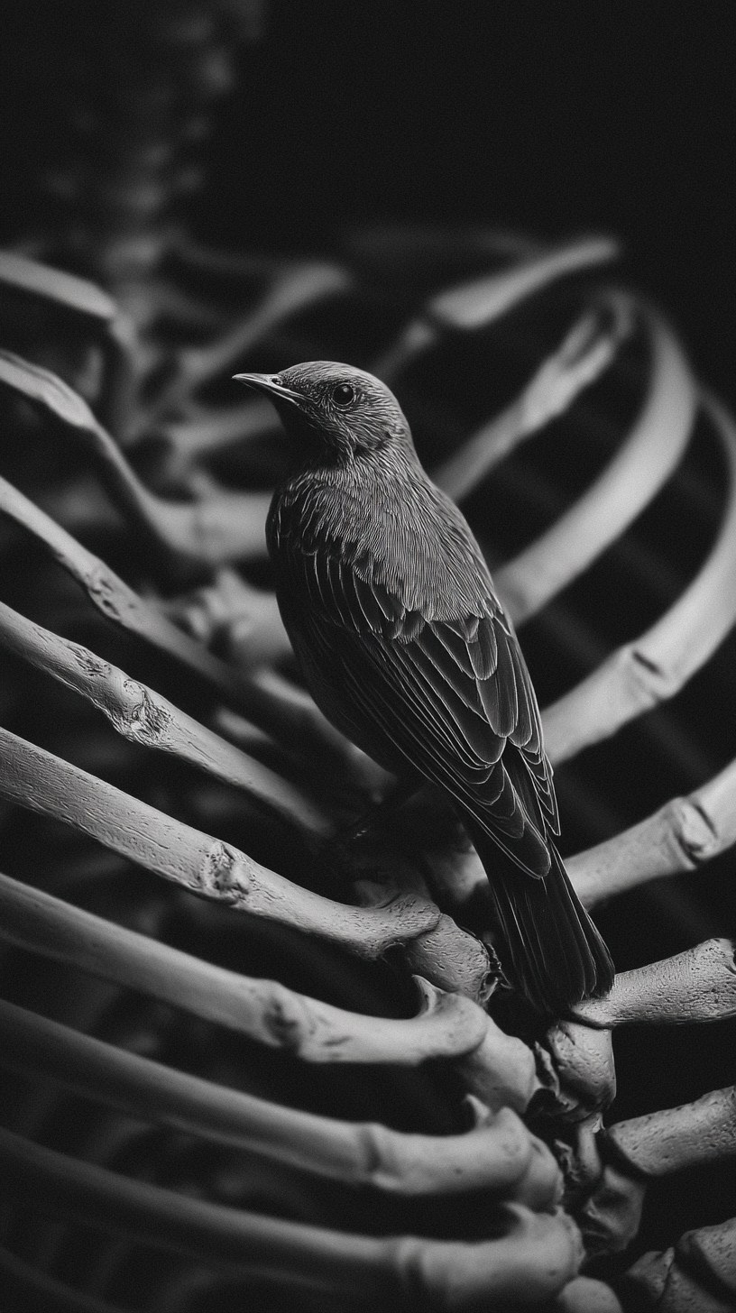 close-up of a bird sitting on the interior bones of its ribcage, black …