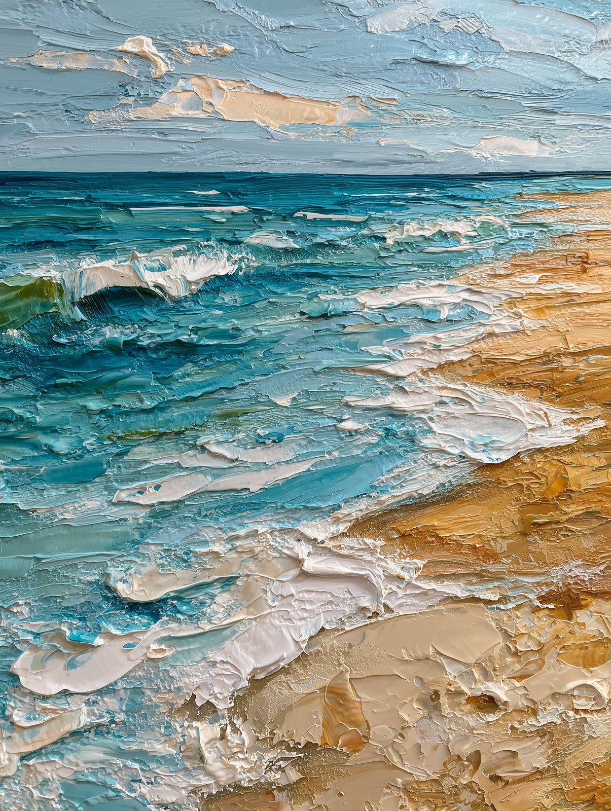 An expressive oil painting of a seashore in impasto style, with the sho…
