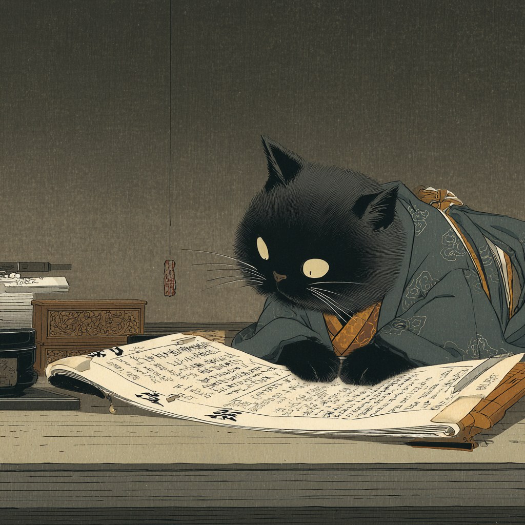 ukiyo-e woodblock print of an Edo-style cat in a scholar’s kimono readi…