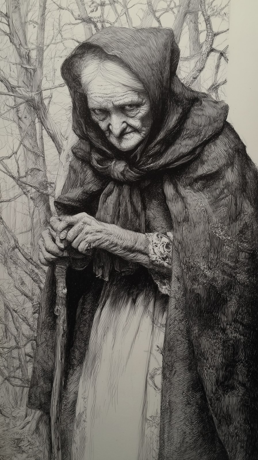 pencil drawing of a evil wise woman in early 19 century living in the w…